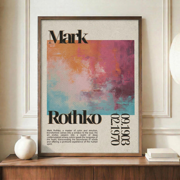 May include: Framed poster featuring abstract watercolor artwork in coral, pink, orange and turquoise tones with "Mark Rothko" text at top and exhibition details below. Displayed on wooden credenza beside white ceramic vase and stacked books against cream walls with white trim molding.