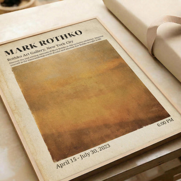 The image is a framed poster advertising an art exhibition titled "Mark Rothko" at the Mark Rothko Art Gallery in New York City. The poster provides details about the exhibition, including the date, time, and location, as well as the name of the featured artist.