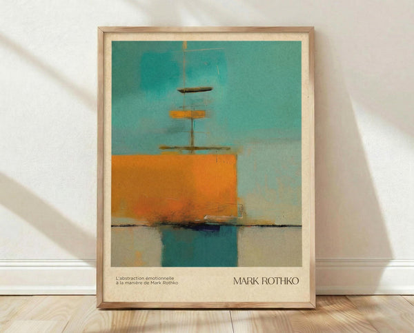 May include: Framed abstract art print leaning against white textured wall on light wood floor. Artwork features turquoise and orange geometric forms suggesting a sailboat, with mast-like vertical lines. Natural light creates diagonal shadows across the scene. Light wood frame surrounds the minimalist composition with cream matting and text below the image.