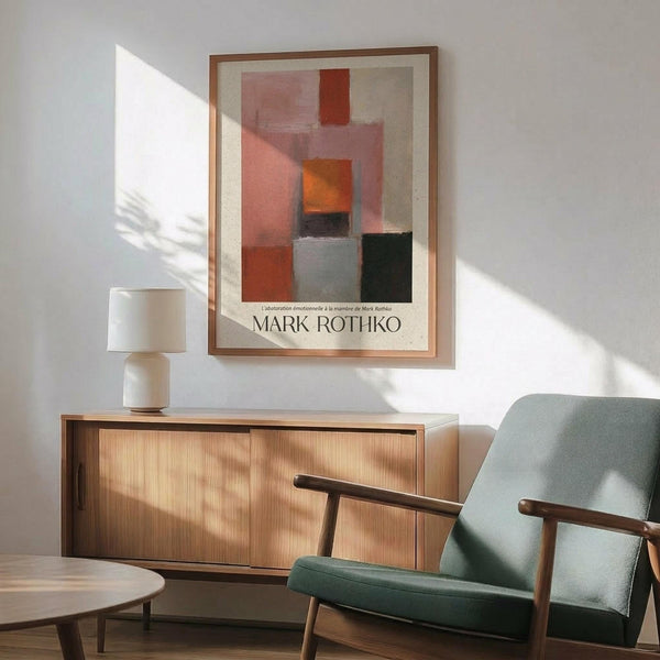May include: Framed Mark Rothko abstract art print hanging on white wall above wooden credenza. Artwork features soft geometric rectangles in warm coral pink, orange, and deep green tones. Mid-century modern room setting with sage green upholstered armchair, round wooden side table, and white ceramic table lamp. Natural sunlight creates dramatic shadows across the minimalist interior space.