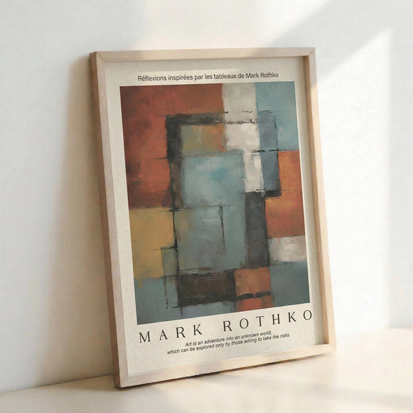 May include: Framed abstract art print leaning against white wall, featuring geometric blocks in muted tones of rust orange, sage green, cream, and gray with soft, painterly edges. Light wooden frame with white matting displays French text at top and artist quote below the artwork.