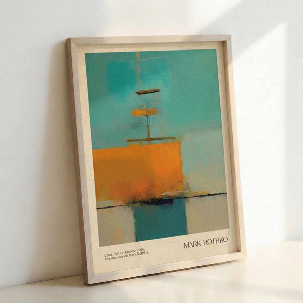 Framed abstract art print featuring a minimalist composition with turquoise sky, orange geometric ship form with dark mast details, and teal water reflection below. The artwork uses soft, muted colors in a modernist style. Displayed in a light wood frame leaning against a white wall, with visible text attribution at bottom of print.