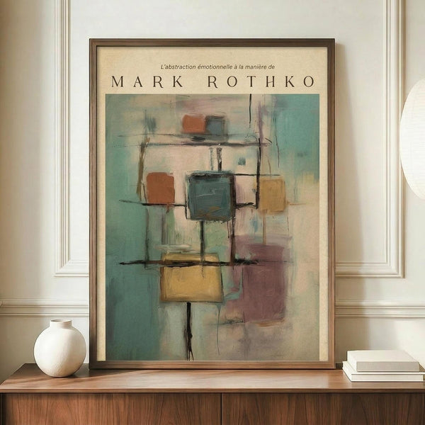 May include: Abstract art poster in wooden frame displaying geometric blocks in muted teal, orange, yellow and burgundy tones with "MARK ROTHKO" text at top, displayed on wooden sideboard next to white ceramic vase and books against cream wainscoted wall