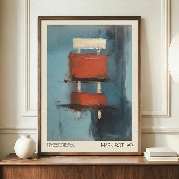 May include: Framed abstract art print displayed on wooden sideboard featuring red rectangular forms and white elements against blue background, accompanied by small white ceramic vase and stacked books in elegant room with white paneled walls.