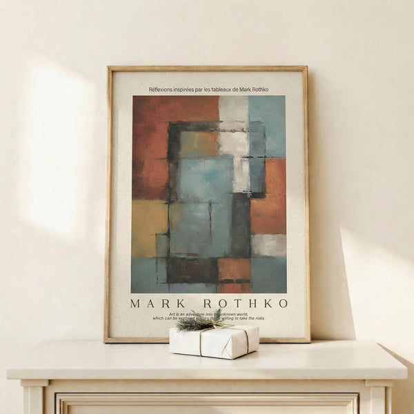 May include: Framed abstract art print with geometric color blocks in rust orange, sage green, cream, and dark tones, displayed on light wood console table against cream wall. Small wrapped gift box sits in front of frame. Natural lighting creates soft shadows.