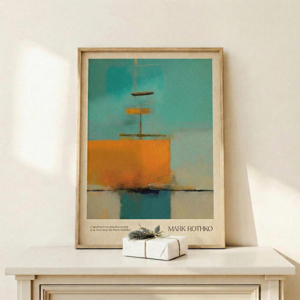 May include: Framed abstract artwork in warm orange and cool teal colors with geometric shapes and vertical mast-like elements, displayed on light wood shelf beside small wrapped gift with evergreen sprig against cream wall