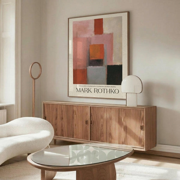 May include: Abstract art poster with geometric blocks in orange, red, pink, and dark colors on cream background, displayed above wooden sideboard in minimalist living room with white curved chair, glass coffee table, and brass floor lamp