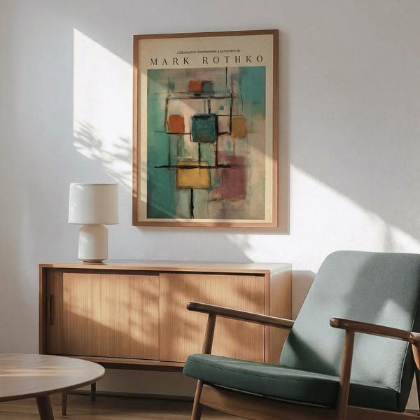 May include: Abstract art poster featuring colorful geometric squares in teal, orange, yellow, and burgundy tones displayed in wooden frame above mid-century modern credenza. Scene shows mint green upholstered chair with wooden arms, white table lamp, and round coffee table in minimalist living room with white walls and natural sunlight casting shadows.