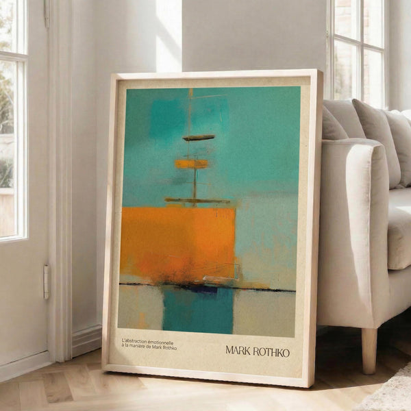 May include: Framed abstract art print leaning against white wall next to beige sofa. Artwork features turquoise sky, orange geometric ship form with mast, and teal water reflection below dark horizontal line. Light wood frame with white mat. French text at bottom reads "L'abstraction émotionnelle à la manière de Mark Rothko" and "MARK ROTHKO". Natural lighting from tall windows creates soft shadows on white tile floor.