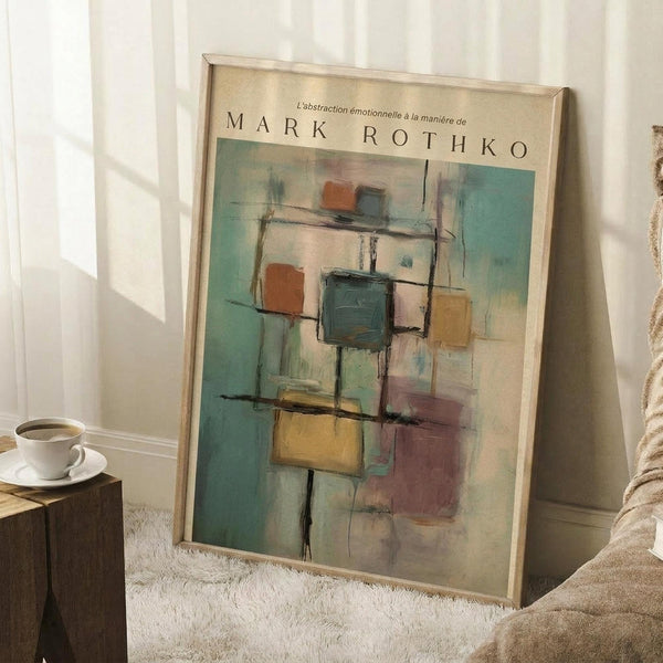 May include: Abstract art poster in light wood frame leaning against white paneled wall on textured cream rug. Artwork features geometric rectangular shapes in muted teal, coral, yellow and beige tones with soft, painterly edges and "MARK ROTHKO" text at top. Scene includes white coffee cup on wooden block side table and beige knitted throw blanket corner.