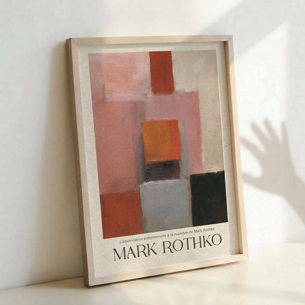 May include: Framed abstract art print in light wood frame leaning against white wall. Artwork features geometric blocks of color including soft pink, coral, orange, gray, and dark green sections with painterly brushstroke texture. French text below reads "L'apatoration émotionnelle à la mambre de Mark Rothko" and "MARK ROTHKO" in serif font. Natural lighting creates subtle shadows on wall.