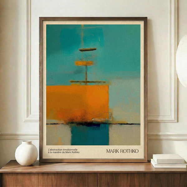 May include: Framed abstract art print in warm orange, turquoise blue, and cream tones displayed on wooden credenza beside white ceramic vase and stacked books. The artwork features geometric color blocks with soft, blended edges in Rothko's signature style. Modern interior setting with white paneled walls and natural lighting.