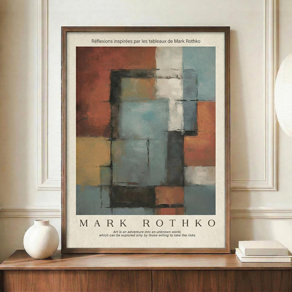 May include: Framed abstract art poster with overlapping rectangular blocks in rust orange, blue-gray, and white tones displayed on wooden credenza beside ceramic vase and books against cream paneled wall