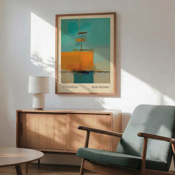 May include: Framed Mark Rothko abstract art print hanging above wooden mid-century modern credenza with white ceramic table lamp. Mint green upholstered chair with wooden arms sits nearby on light wood flooring. Artwork features orange and teal color blocks in soft, painterly style. Natural sunlight creates geometric shadows on white wall, giving the modern living room scene a warm, contemplative atmosphere.