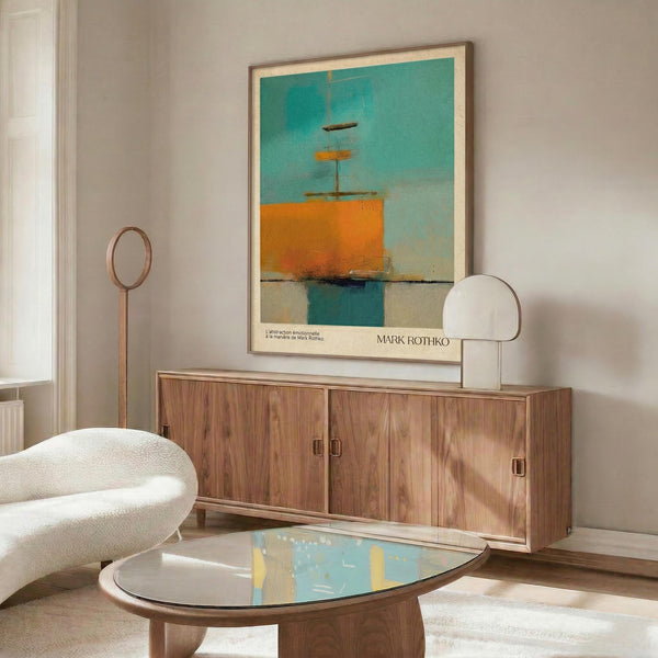 a modern living room with a large abstract painting hanging on the wall above a wooden cabinet. The painting has a blue and orange color scheme and depicts a boat. The room also includes a white sofa, a glass coffee table, and a lamp.