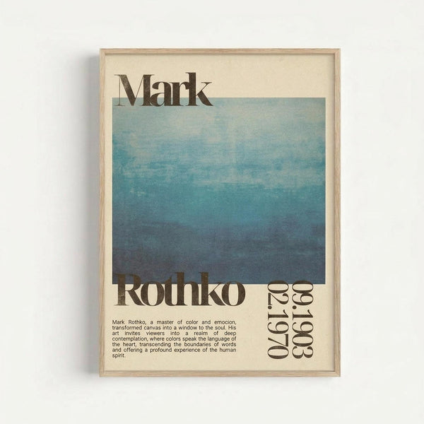 Framed poster featuring a gradient blue abstract painting reminiscent of Mark Rothko's style, with "Mark Rothko" text at top and bottom of the design. The artwork shows soft blue tones transitioning from light to dark, displayed in a light wood frame against a white wall. Small descriptive text appears in the lower left corner of the poster.