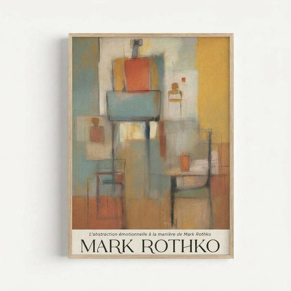 Abstract painting featuring geometric shapes in muted tones of coral, sage green, golden yellow, and warm browns. Layered rectangular and square forms create a composition reminiscent of bottles or vessels, rendered in soft, translucent washes. The artwork has a dreamlike quality with overlapping forms and gentle color transitions. Displayed in a light wood frame against a white wall, with French text below reading "L'abstraction émotionnelle à la manière de Mark Rothko" and "MARK ROTHKO&