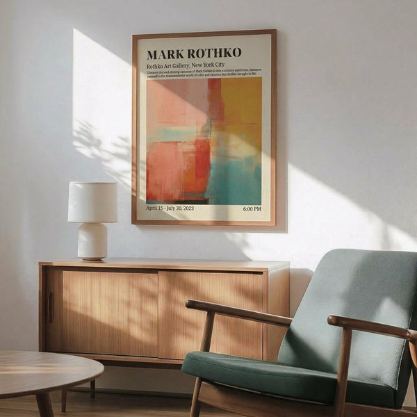 May include: Framed Mark Rothko exhibition poster hanging above a wooden sideboard with white ceramic lamp, beside a mint green mid-century armchair with wooden arms. The poster features abstract color blocks in coral, orange, teal and cream tones with black text and exhibition details. Warm sunlight creates geometric shadows across the white wall and modern furniture in this minimalist living room setting.