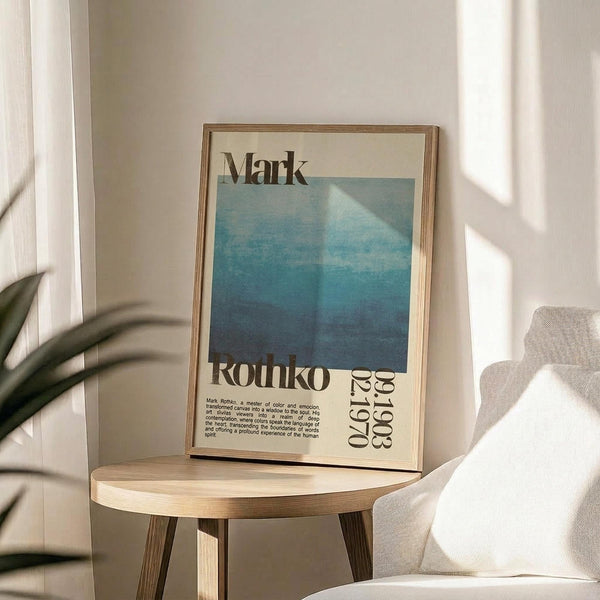 May include: Framed art print featuring Mark Rothko's name and exhibition details from 1970, with blue gradient watercolor background transitioning from light to deep blue. Print displayed on round wooden side table next to beige upholstered chair, with plant leaves visible and natural sunlight casting shadows on white wall behind.