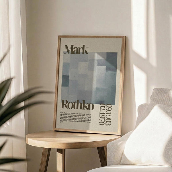 May include: Framed poster with Mark Rothko's name and exhibition details, featuring abstract geometric squares in muted blues, grays and whites. Natural wood frame sits on round wooden side table next to beige upholstered chair. Soft natural light creates shadows across cream wall. Green plant leaves visible in corner of minimalist interior setting.