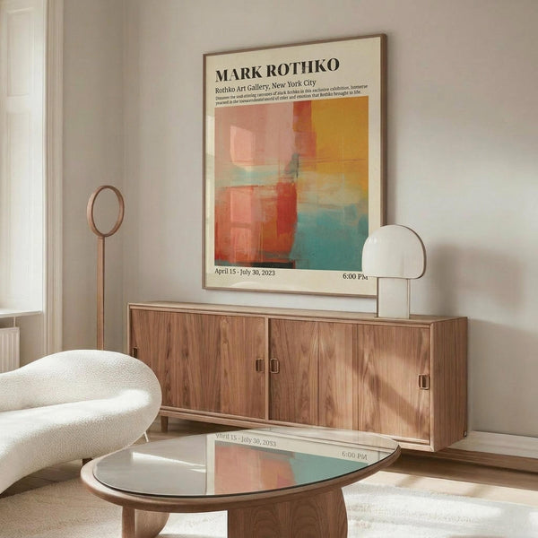 May include: Mark Rothko exhibition poster with abstract colorful blocks in orange, pink, red, and turquoise tones, displayed in thin brown frame above wooden credenza. Modern living room setting features cream curved chair, glass-top oval coffee table, white mushroom lamp, and brass floor mirror. Warm natural lighting creates reflections on polished surfaces.