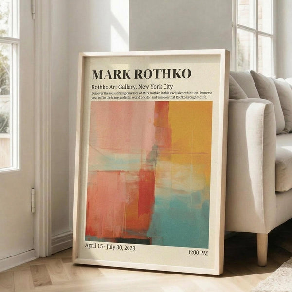 May include: Framed art poster featuring abstract color blocks in coral, orange, teal and yellow tones displayed against white wall next to beige upholstered sofa. Poster shows exhibition text for Mark Rothko at gallery with dates April 15 - July 30, 2023. Natural lighting from tall windows creates soft shadows on light wood floors.