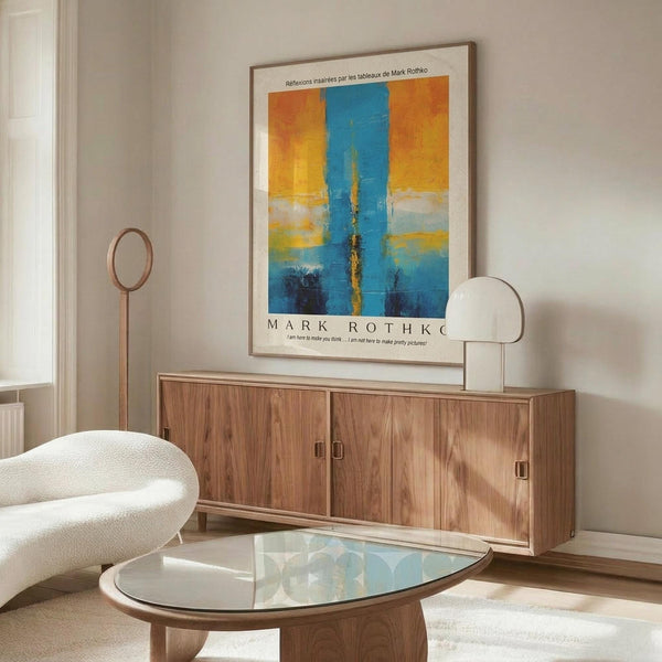 May include: Abstract art poster with blue vertical stripe down center and orange-yellow sections on sides, displayed above wooden sideboard in modern living room. White sculptural chair and glass coffee table in foreground. Poster shows French text and Mark Rothko attribution at bottom with thin wooden frame.