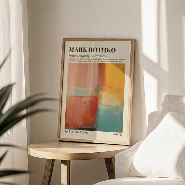 May include: Framed Mark Rothko exhibition poster displayed on light wood round side table next to beige upholstered chair. Poster features abstract colorful blocks in coral, orange, yellow, and turquoise with black text header and exhibition details. Thin gold frame catches natural sunlight streaming across neutral wall. Green plant leaves visible in corner, creating warm minimalist home decor scene.