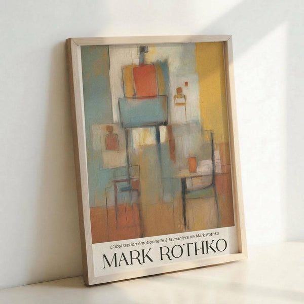 Framed abstract art print featuring geometric shapes in muted tones of blue, orange, yellow, and beige with soft brushwork and layered rectangular forms. The artwork is displayed in a light wooden frame with "MARK ROTHKO" and French text at the bottom, leaning against a white wall on a light surface.