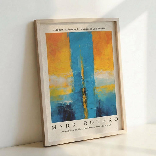 May include: Framed poster print featuring abstract painting with vertical blue brushstrokes against yellow and orange background, displayed in light wood frame leaning against white wall. French text at top reads "Réflexions insairées par les tableaux de Mark Rothko" with artist name and quote at bottom. Print shows painterly texture with bold color blocking in blue, yellow, and orange tones.