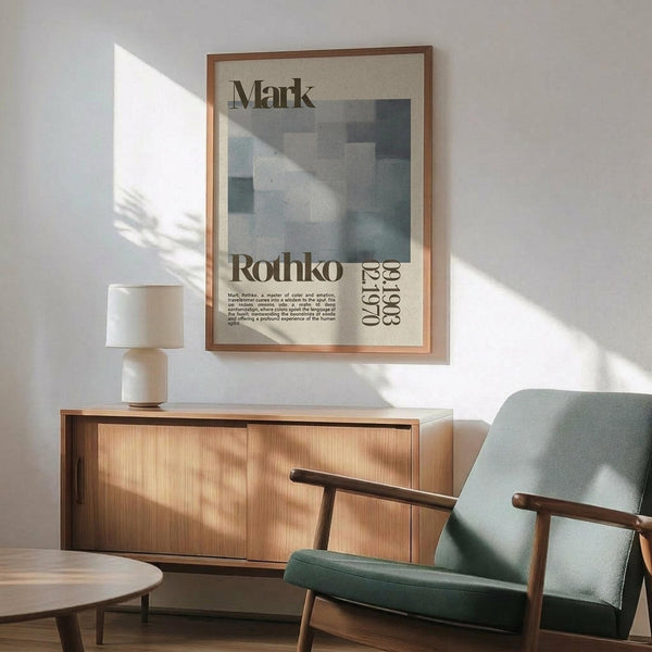 May include: Framed Mark Rothko exhibition poster hanging on white wall above wooden sideboard with sliding doors. Poster features abstract blue and teal color blocks with cream background and black text showing dates 1903-1970. Mid-century modern room setting with sage green upholstered armchair, small round wooden coffee table, and white ceramic table lamp. Natural sunlight creates diagonal shadows across the scene.