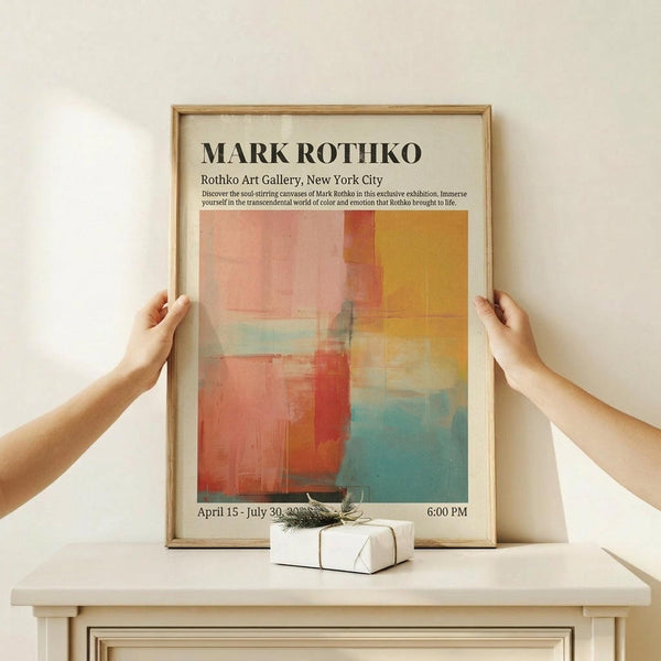May include: Two hands positioning a framed exhibition poster featuring Mark Rothko's abstract color field painting in warm oranges, reds, and cool blues. The wooden-framed print sits on a light wood surface against a cream wall, with a small white wrapped gift box below. The artwork shows soft, layered rectangular color blocks in Rothko's signature style.