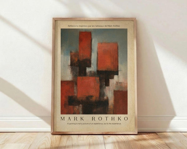 May include: Framed abstract art poster featuring geometric red, orange, and black rectangular shapes with soft, blurred edges against a muted gray-green background. The print has aged, vintage-style coloring and includes Mark Rothko's name and an inspirational quote at the bottom. Displayed in a thin wooden frame leaning against a white wall on light wood flooring with natural sunlight casting diagonal shadows across the scene.
