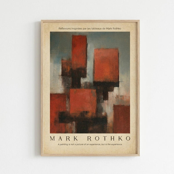 May include: A framed art print displaying an abstract painting with red, orange, and black rectangular color blocks in Mark Rothko's signature style, hanging on a white wall. The print features French text at the top, the artist's name prominently displayed, and an inspirational quote about painting and experience at the bottom, all set against a cream-colored background within a light wood frame.