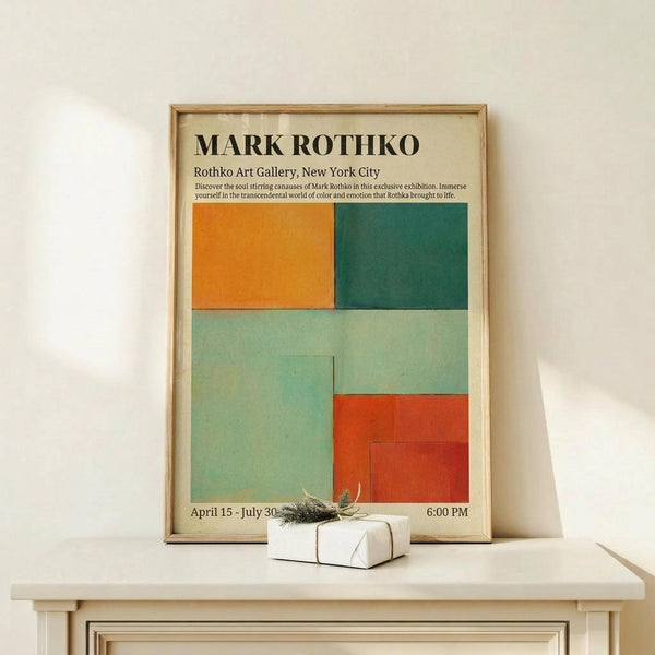 May include: Framed exhibition poster featuring Mark Rothko's abstract color field artwork with orange, teal, sage green, and coral rectangular blocks. Displayed on light wood surface beside small white gift box with twine and greenery. Natural lighting creates soft shadows on cream wall background.