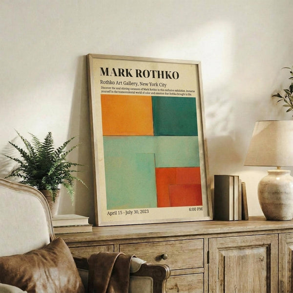 May include: Framed Mark Rothko exhibition poster with colorful geometric blocks in orange, teal, mint green, and coral red, displayed on rustic wooden sideboard alongside potted fern, ceramic vase, and books in cozy living room setting with beige chair and neutral walls