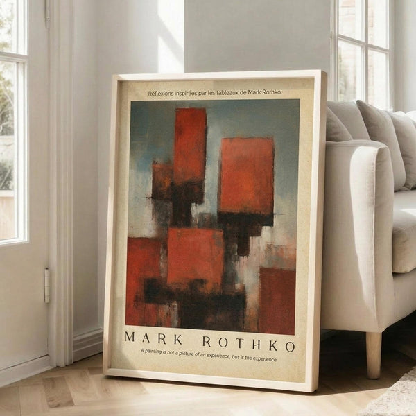 May include: Framed abstract art poster with orange and red rectangular blocks on muted blue-gray background, displayed on wooden floor against white wall next to beige upholstered chair. Print features French text at top and artist name at bottom with inspirational quote. Natural sunlight streams through nearby windows creating soft shadows.