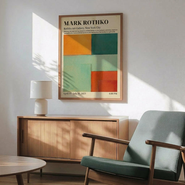 May include: Modern Mark Rothko exhibition poster with colorful geometric blocks in orange, teal, and green tones, displayed in wooden frame on white wall above mid-century credenza. Scene shows sage green upholstered armchair with wooden frame, round coffee table, and white ceramic lamp. Natural sunlight creates leaf shadows across the minimalist interior space.