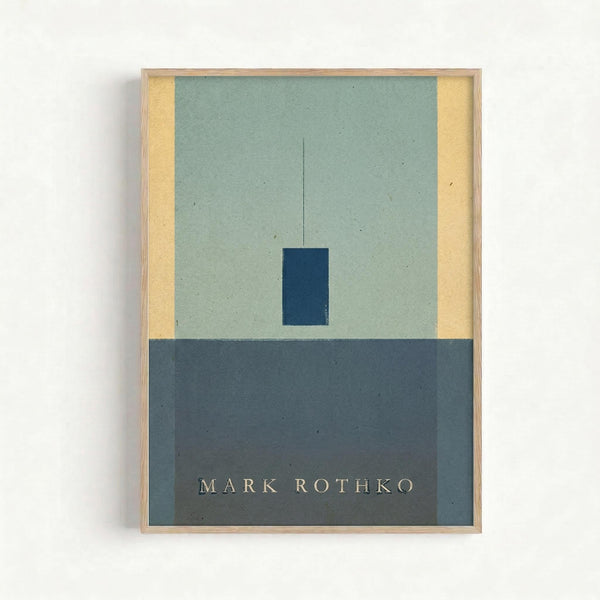 Framed abstract art print featuring horizontal color blocks in muted tones. The composition shows a sage green upper section with a small dark blue rectangle suspended by a thin vertical line, and a darker blue-gray lower section. Yellow borders frame the left and right edges. The artist's name "MARK ROTHKO" appears in small text at the bottom. The piece is displayed in a light wood frame against a white wall.