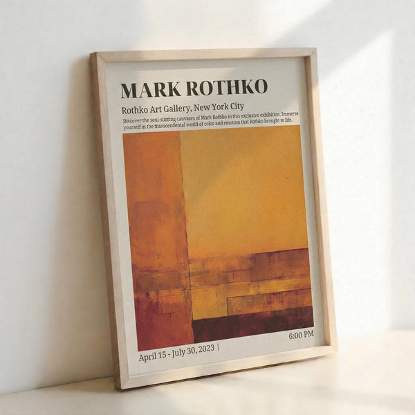 May include: Framed exhibition poster for Mark Rothko at Rothko Art Gallery, New York City, featuring abstract orange and brown color field artwork. Light wood frame sits propped against white wall with natural lighting creating soft shadows. Poster shows exhibition dates April 15 - July 30, 2023 at 6:00 PM with descriptive text about Rothko's transcendental color and emotion work.