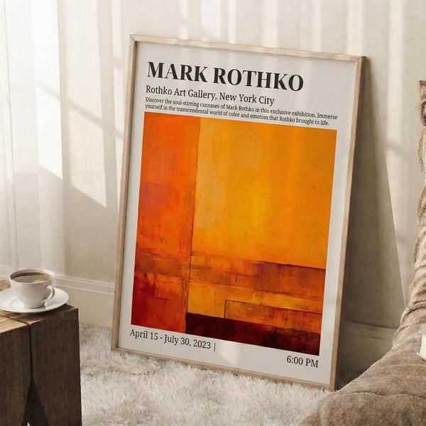May include: Framed Mark Rothko exhibition poster in light wood frame leaning against white wall. Features vibrant orange and red abstract color blocks with gallery text and dates April 15 - July 30, 2023. Styled room scene with white coffee cup on wooden block side table and beige textured rug.