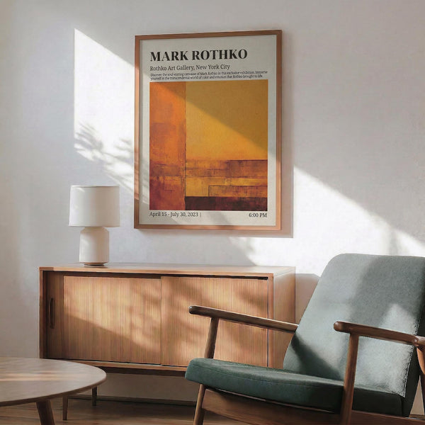 a living room with a wooden cabinet, a green armchair, and a wooden coffee table. Above the cabinet, there is a framed poster of Mark Rothko's artwork displayed on the wall.