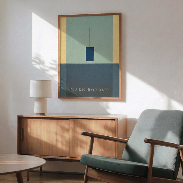a living room with a wooden cabinet, a green armchair, and a wooden coffee table. Above the cabinet, there is a framed abstract art piece with a blue and green color scheme.