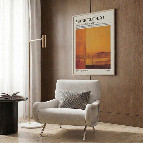 a modern living room with a white armchair, a floor lamp, and a framed poster on the wall.