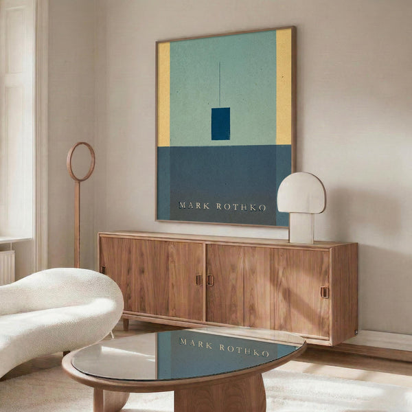 a modern living room with a large abstract painting on the wall, a wooden cabinet, a white sofa, and a round coffee table.