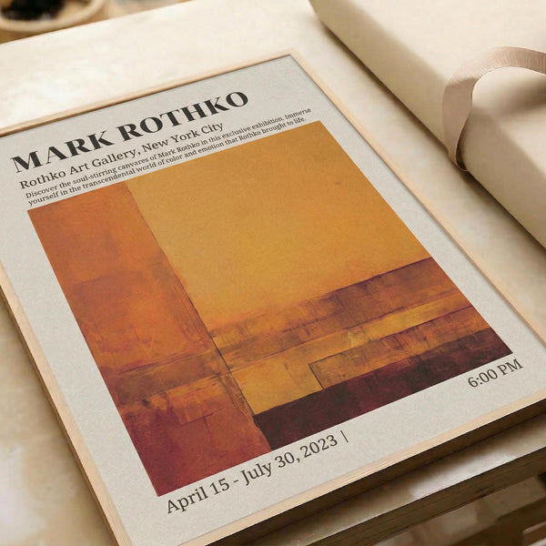 The image is a poster for an art exhibition titled "Mark Rothko" at the Rothko Art Gallery in New York City. The poster features a large abstract painting with warm colors, and it includes details about the exhibition, including the date and time.