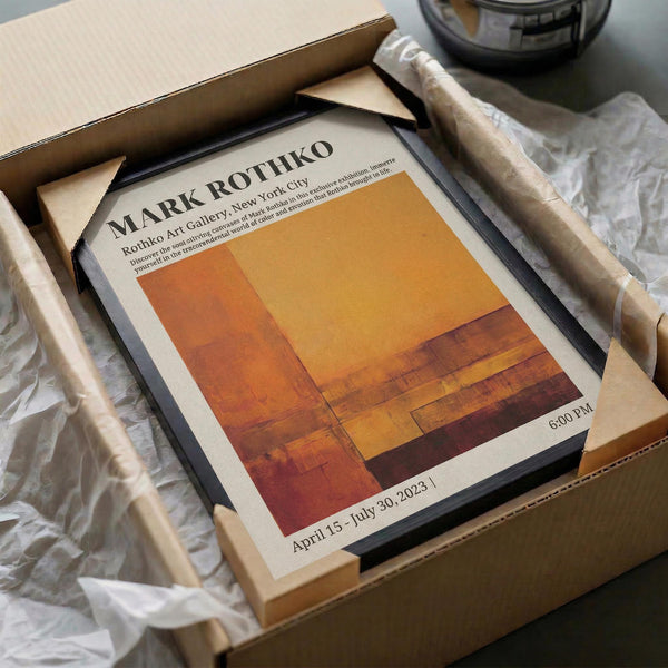a framed poster or artwork displayed in a cardboard box, with a clear plastic sleeve on top.
