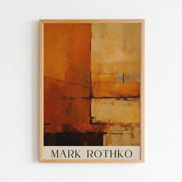 May include: Framed abstract art print hanging on white wall featuring warm orange, yellow, and cream rectangular color blocks with rough, textured brushwork and dark linear elements creating a grid-like composition, displayed in light wooden frame