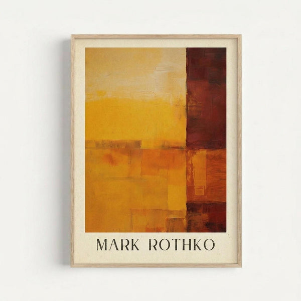 May include: Framed abstract art print in warm golden yellow and deep burgundy red color blocks, displayed on white wall. Light wood frame with cream matting surrounds the geometric composition. Artist name printed below artwork in black text.