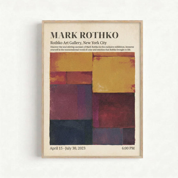 May include: Framed exhibition poster featuring Mark Rothko's abstract color field painting with geometric blocks in warm yellows, deep purples, burgundy, and dark blues. The cream-colored poster displays gallery information and exhibition dates in clean typography, mounted in a light wood frame against a white wall.
